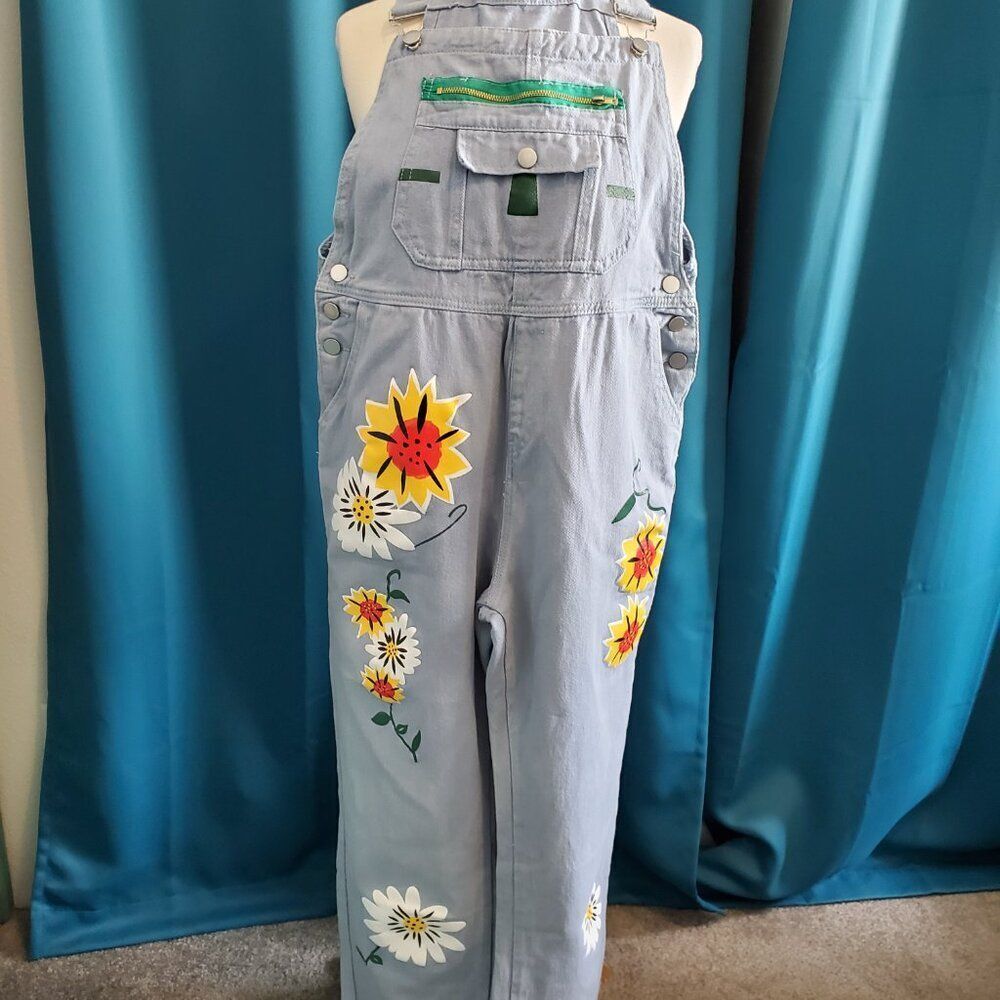 Flower Power light blue denim Overalls - Kids/XL or S/M Adult